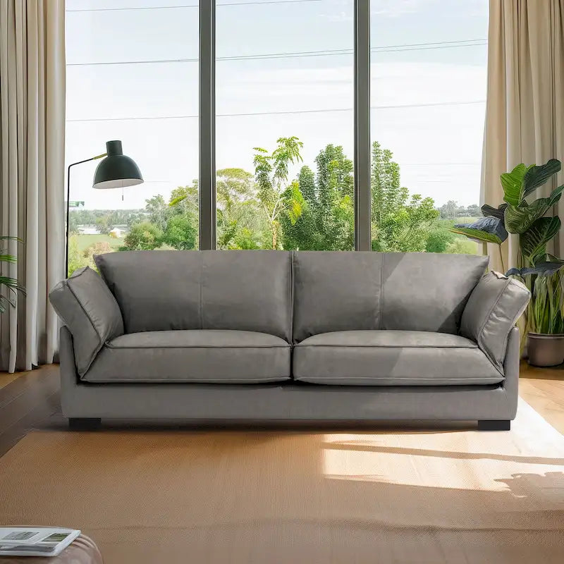 Canapé en cuir véritable de 90 pouces, 3 places, style moderne du milieu du siècle, accoudoirs inclinables, naturel / graphite, 3 personnes
