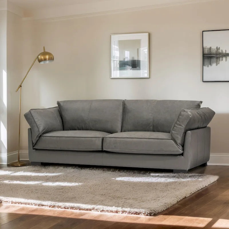 Canapé en cuir véritable de 90 pouces, 3 places, style moderne du milieu du siècle, accoudoirs inclinables, naturel / graphite, 3 personnes