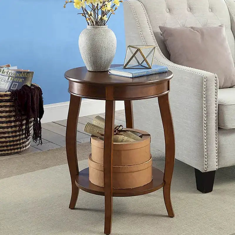 Table d'appoint ronde, pieds galbés, étagère inférieure, style traditionnel, noyer, 1 unité