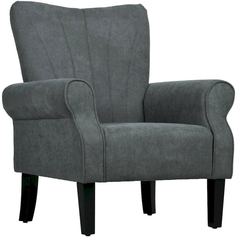 Fauteuil d'appoint, accoudoirs roulés, tissu rayé en lin, pieds en bois d'hévéa, style Mid-Century, gris foncé, 1 personne
