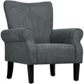 Fauteuil d'appoint, accoudoirs roulés, tissu rayé en lin, pieds en bois d'hévéa, style Mid-Century, gris foncé, 1 personne