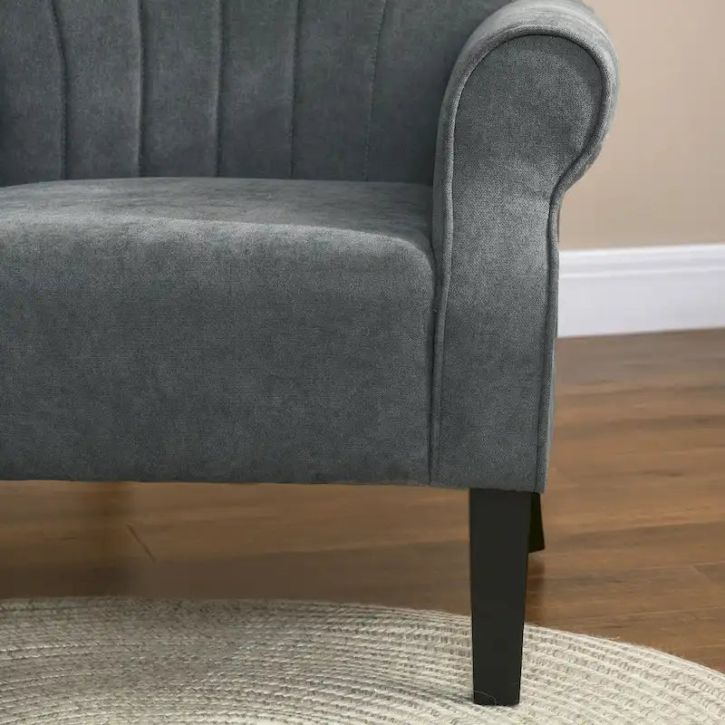 Fauteuil d'appoint, accoudoirs roulés, tissu rayé en lin, pieds en bois d'hévéa, style Mid-Century, gris foncé, 1 personne