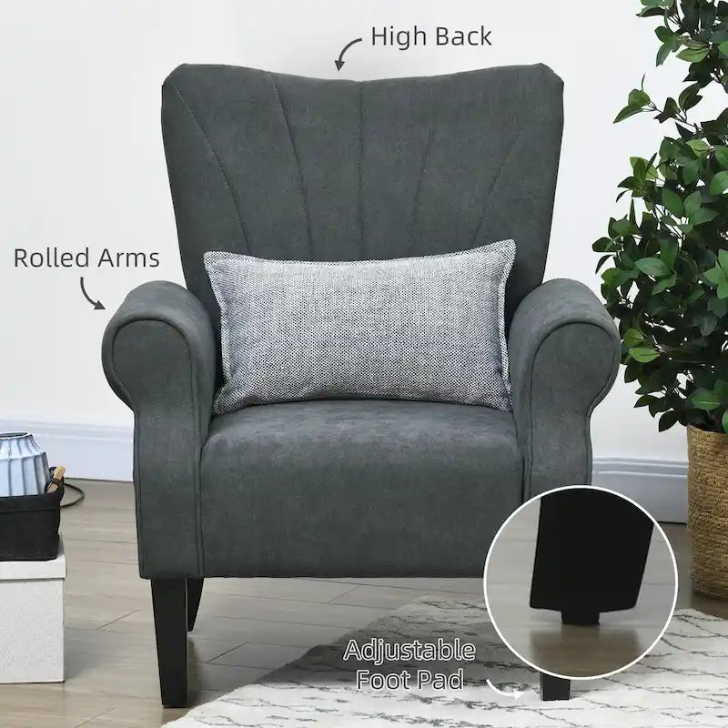 Fauteuil d'appoint, accoudoirs roulés, tissu rayé en lin, pieds en bois d'hévéa, style Mid-Century, gris foncé, 1 personne