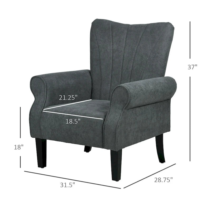 Fauteuil d'appoint, accoudoirs roulés, tissu rayé en lin, pieds en bois d'hévéa, style Mid-Century, gris foncé, 1 personne