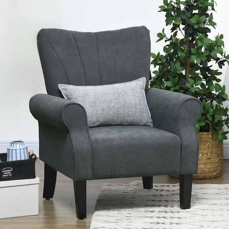 Fauteuil d'appoint, accoudoirs roulés, tissu rayé en lin, pieds en bois d'hévéa, style Mid-Century, gris foncé, 1 personne