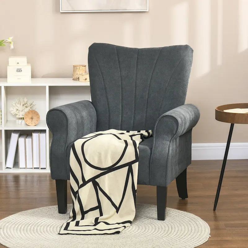 Fauteuil d'appoint, accoudoirs roulés, tissu rayé en lin, pieds en bois d'hévéa, style Mid-Century, gris foncé, 1 personne