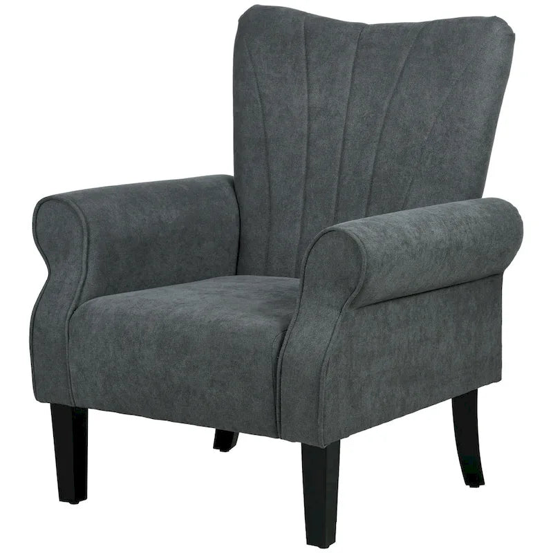 Fauteuil d'appoint, accoudoirs roulés, tissu rayé en lin, pieds en bois d'hévéa, style Mid-Century, gris foncé, 1 personne
