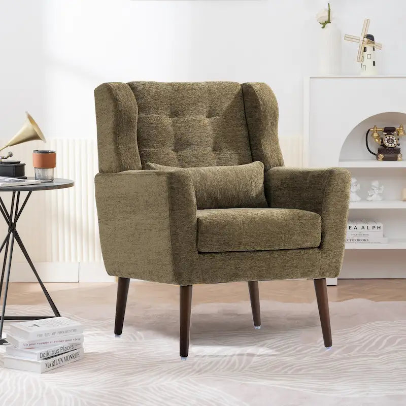 Fauteuil d'appoint, capitonné, tissu chenille, pieds fuselés en bois, vert olive, 1 personne