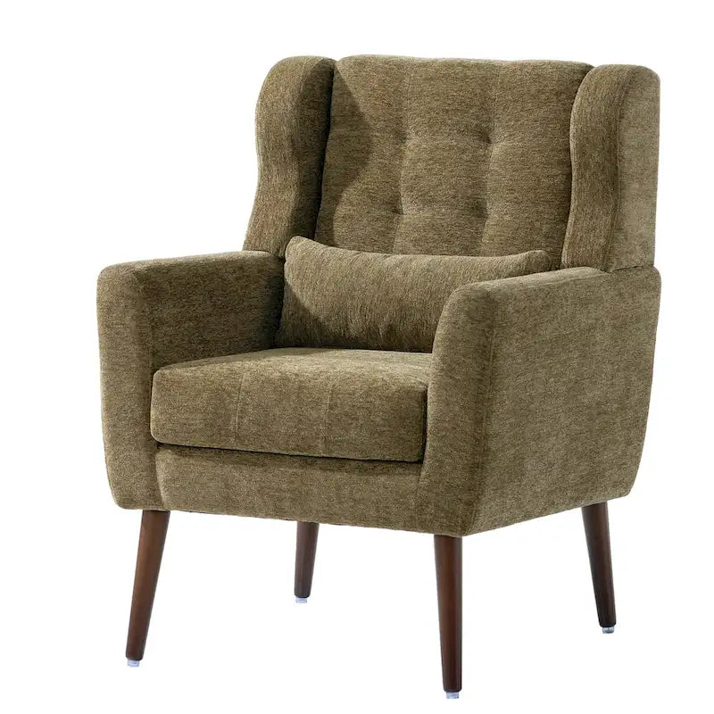 Fauteuil d'appoint, capitonné, tissu chenille, pieds fuselés en bois, vert olive, 1 personne