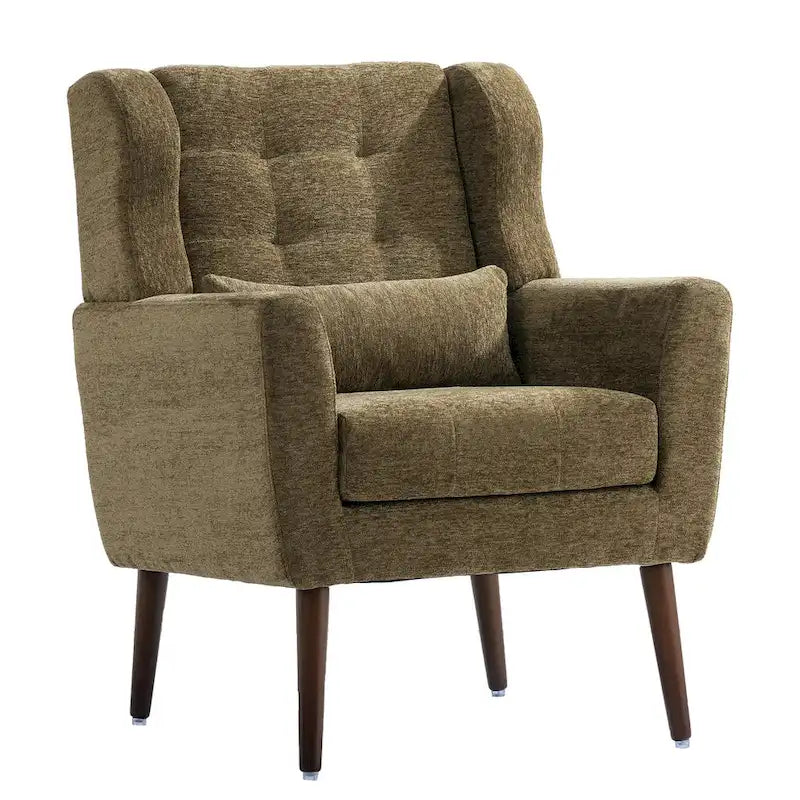 Fauteuil d'appoint, capitonné, tissu chenille, pieds fuselés en bois, vert olive, 1 personne