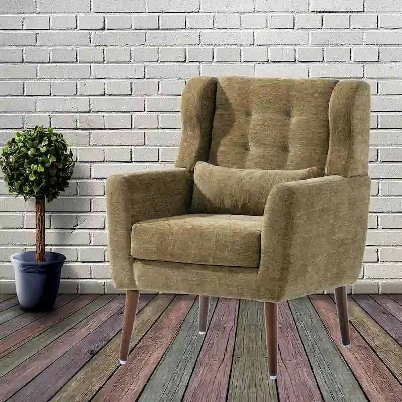 Fauteuil d'appoint, capitonné, tissu chenille, pieds fuselés en bois, vert olive, 1 personne