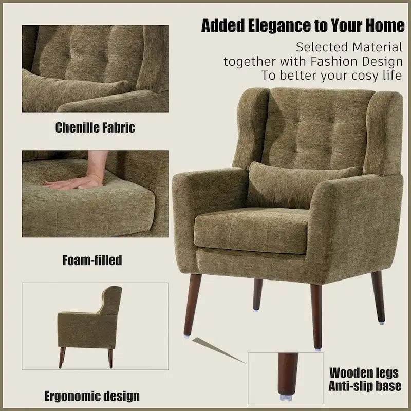 Fauteuil d'appoint, capitonné, tissu chenille, pieds fuselés en bois, vert olive, 1 personne