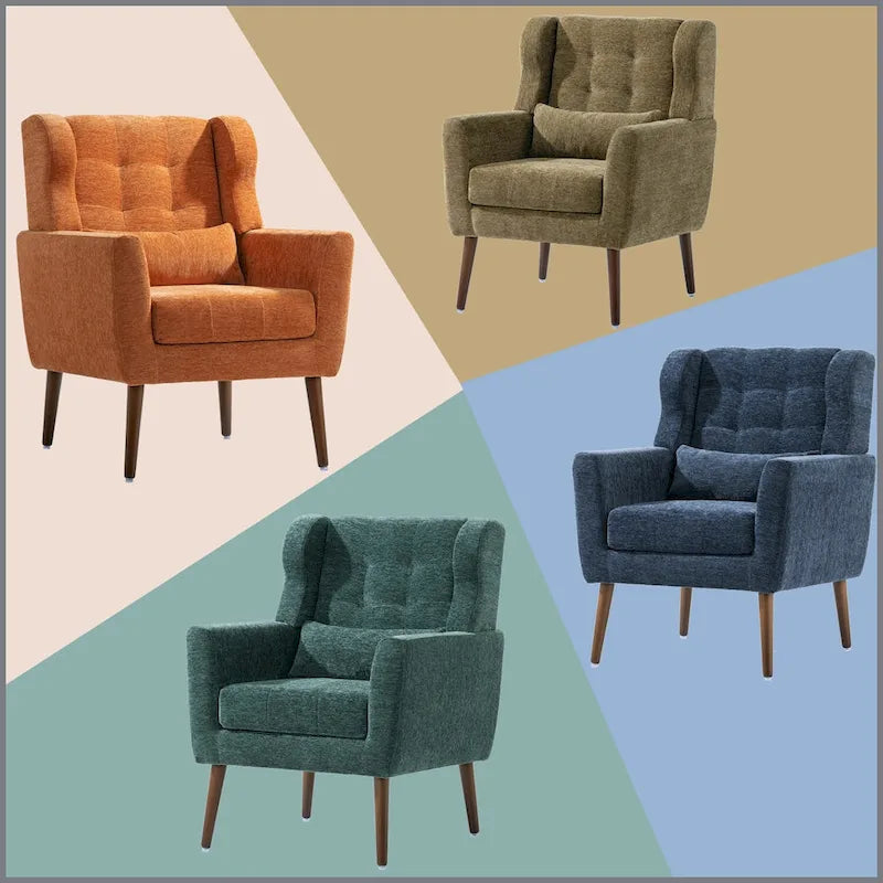 Fauteuil d'appoint, capitonné, tissu chenille, pieds fuselés en bois, vert olive, 1 personne