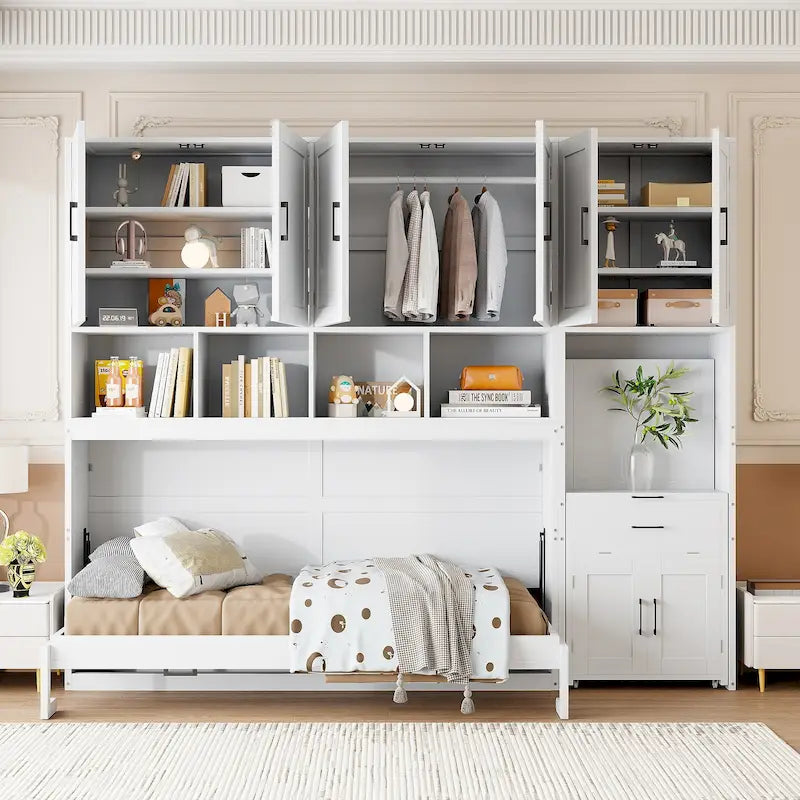 Lit mural escamotable double, armoire intégrée, 2 tiroirs, étagère supérieure, style moderne, blanc / gris, 1 personne