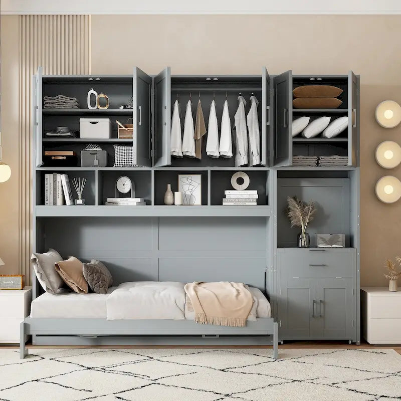 Lit mural escamotable double, armoire intégrée, 2 tiroirs, étagère supérieure, style moderne, blanc / gris, 1 personne