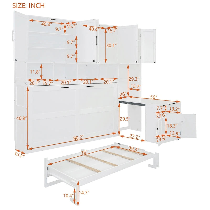 Lit mural escamotable double, armoire intégrée, 2 tiroirs, étagère supérieure, style moderne, blanc / gris, 1 personne