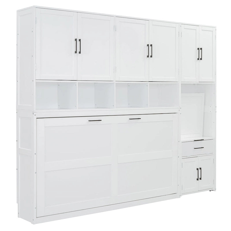 Lit mural escamotable double, armoire intégrée, 2 tiroirs, étagère supérieure, style moderne, blanc / gris, 1 personne