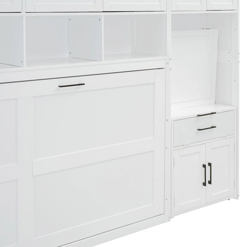Lit mural escamotable double, armoire intégrée, 2 tiroirs, étagère supérieure, style moderne, blanc / gris, 1 personne