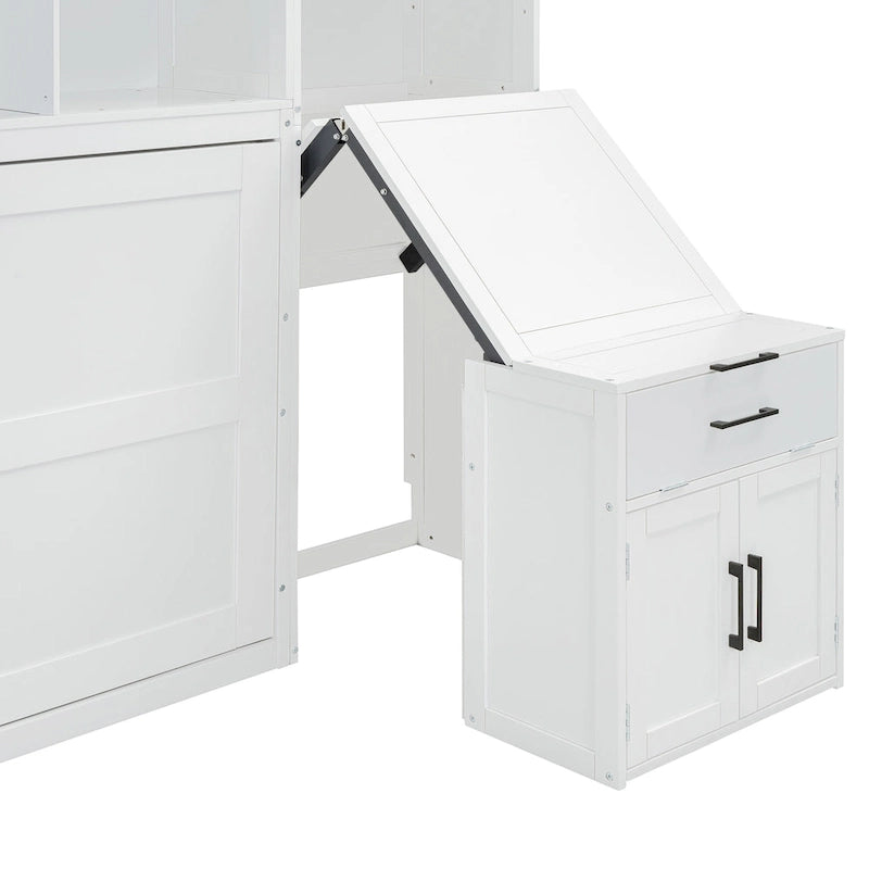 Lit mural escamotable double, armoire intégrée, 2 tiroirs, étagère supérieure, style moderne, blanc / gris, 1 personne