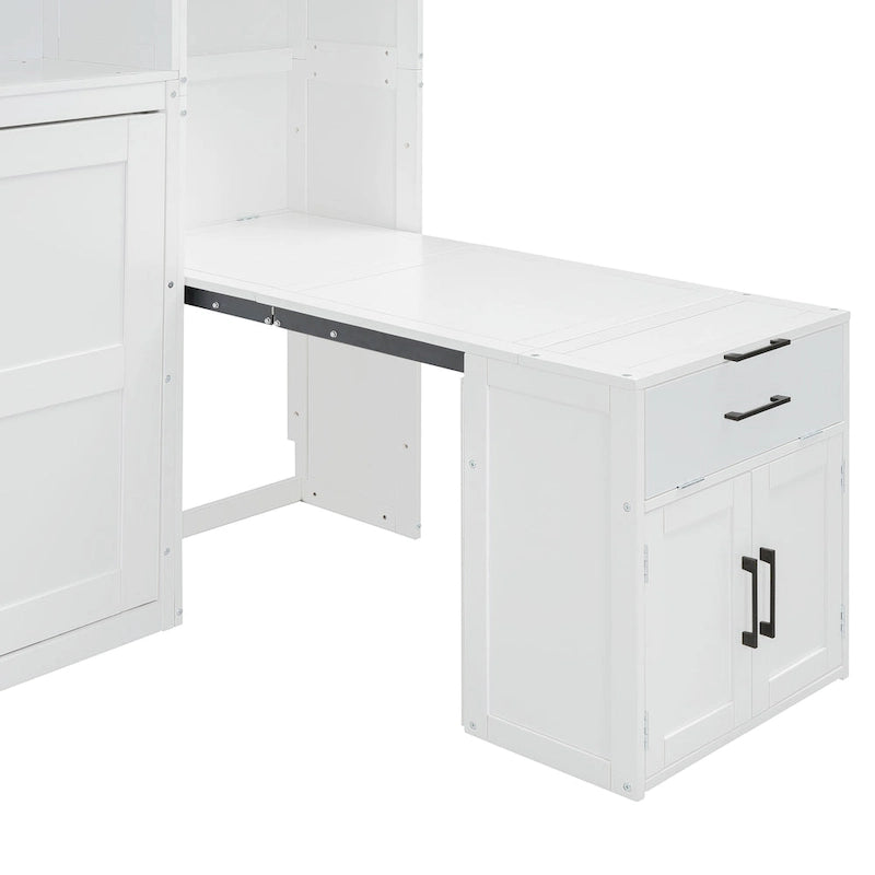 Lit mural escamotable double, armoire intégrée, 2 tiroirs, étagère supérieure, style moderne, blanc / gris, 1 personne