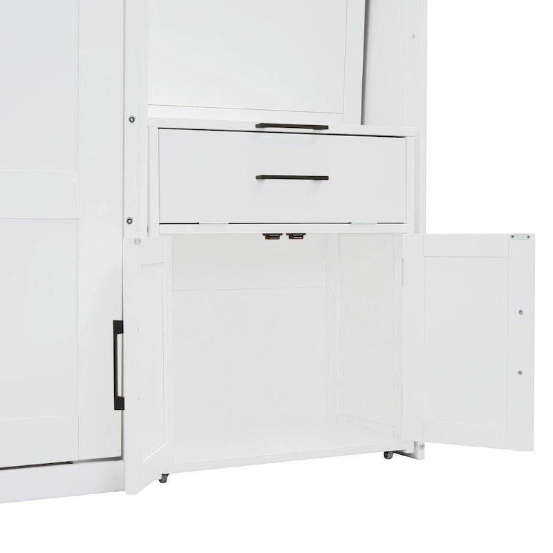 Lit mural escamotable double, armoire intégrée, 2 tiroirs, étagère supérieure, style moderne, blanc / gris, 1 personne