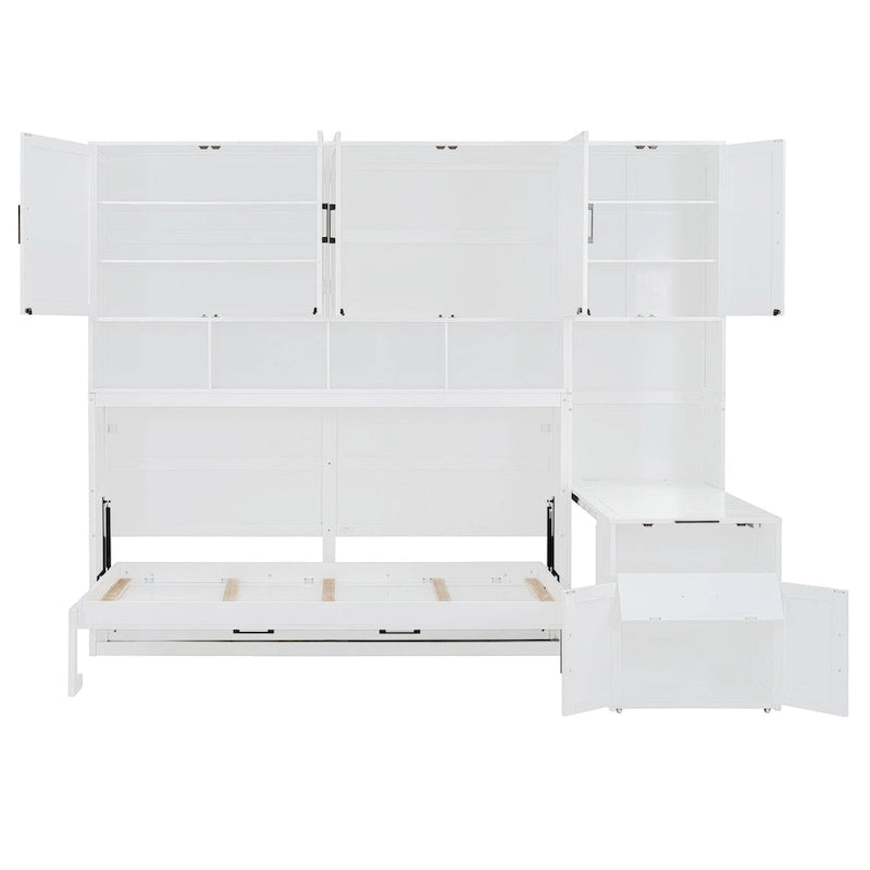 Lit mural escamotable double, armoire intégrée, 2 tiroirs, étagère supérieure, style moderne, blanc / gris, 1 personne