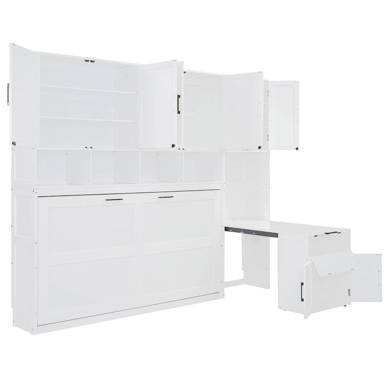 Lit mural escamotable double, armoire intégrée, 2 tiroirs, étagère supérieure, style moderne, blanc / gris, 1 personne