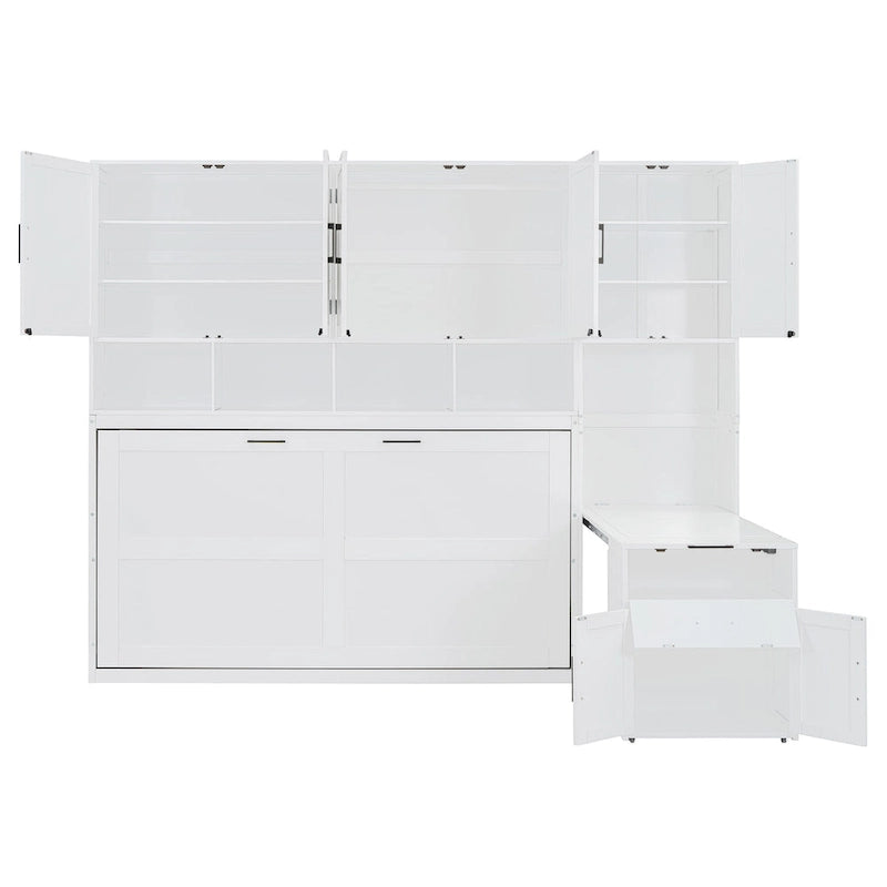 Lit mural escamotable double, armoire intégrée, 2 tiroirs, étagère supérieure, style moderne, blanc / gris, 1 personne