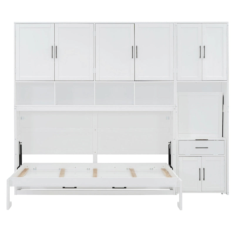 Lit mural escamotable double, armoire intégrée, 2 tiroirs, étagère supérieure, style moderne, blanc / gris, 1 personne