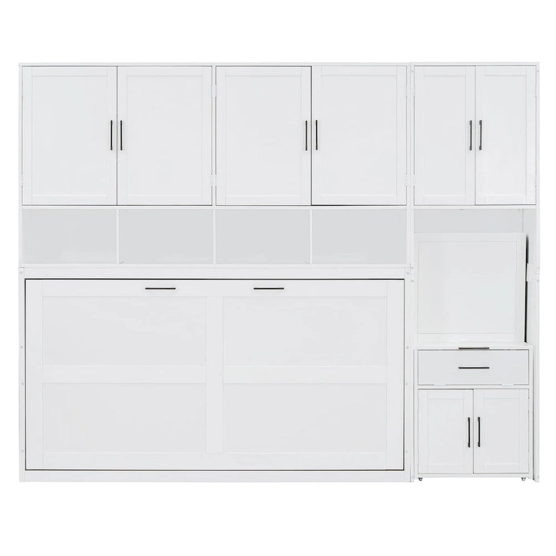 Lit mural escamotable double, armoire intégrée, 2 tiroirs, étagère supérieure, style moderne, blanc / gris, 1 personne
