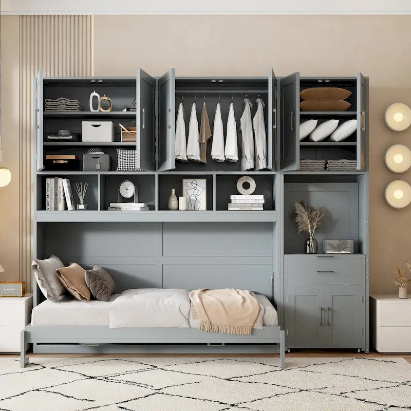 Lit mural escamotable double, armoire intégrée, 2 tiroirs, étagère supérieure, style moderne, blanc / gris, 1 personne