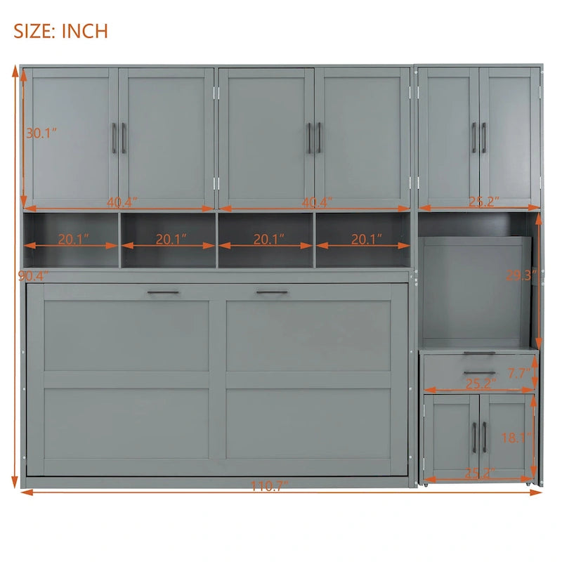 Lit mural escamotable double, armoire intégrée, 2 tiroirs, étagère supérieure, style moderne, blanc / gris, 1 personne