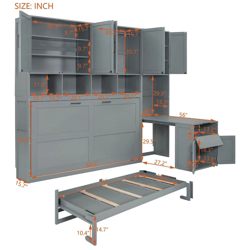 Lit mural escamotable double, armoire intégrée, 2 tiroirs, étagère supérieure, style moderne, blanc / gris, 1 personne