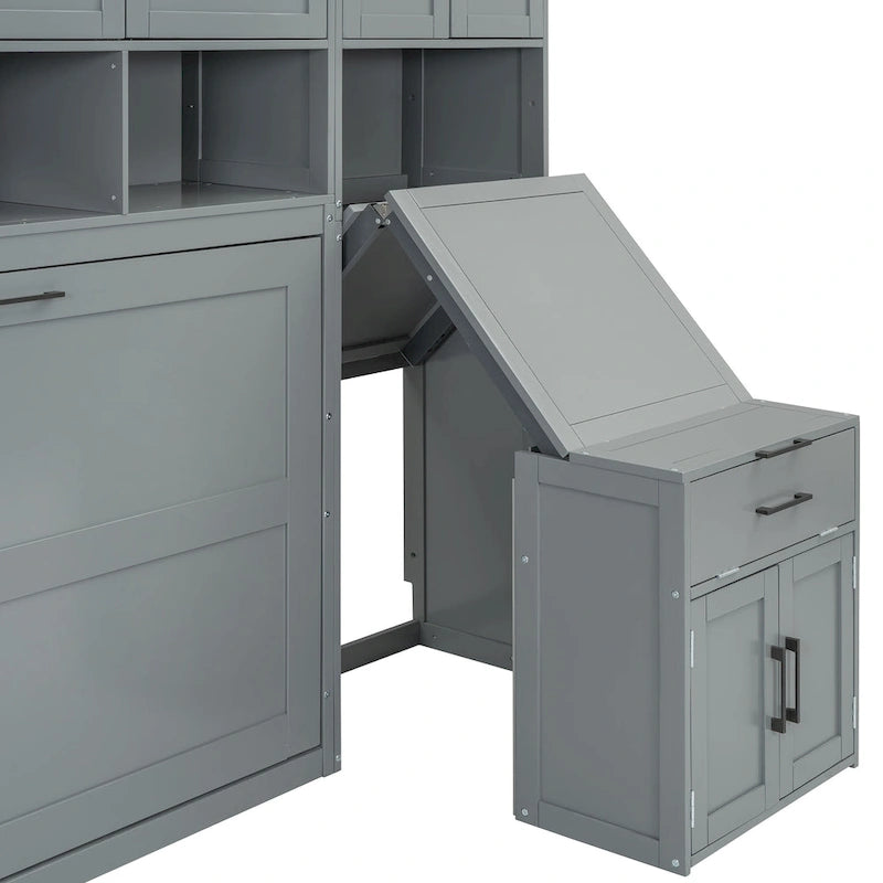 Lit mural escamotable double, armoire intégrée, 2 tiroirs, étagère supérieure, style moderne, blanc / gris, 1 personne