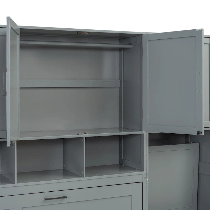 Lit mural escamotable double, armoire intégrée, 2 tiroirs, étagère supérieure, style moderne, blanc / gris, 1 personne