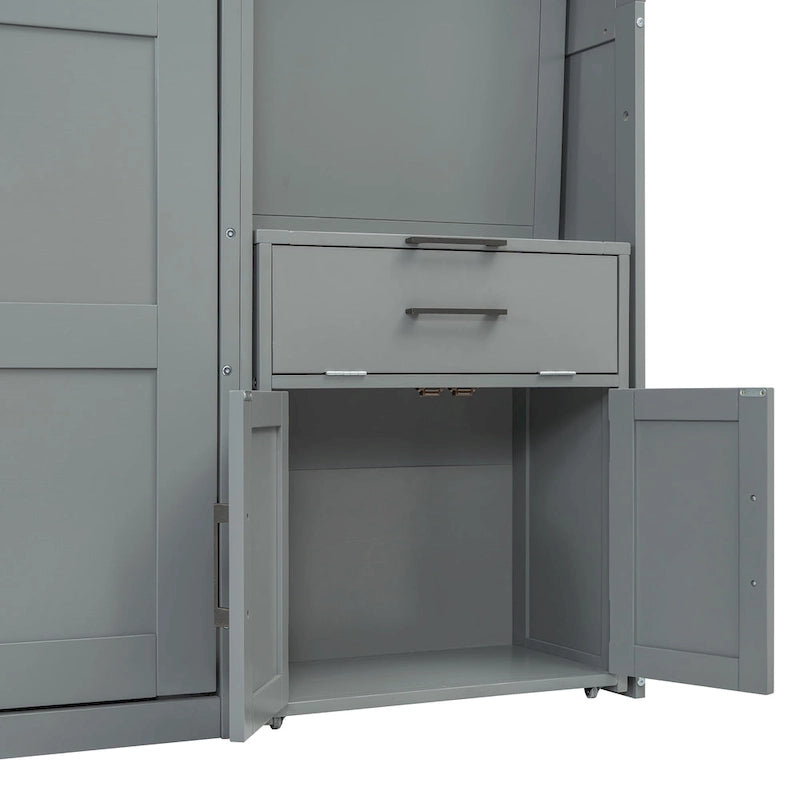 Lit mural escamotable double, armoire intégrée, 2 tiroirs, étagère supérieure, style moderne, blanc / gris, 1 personne