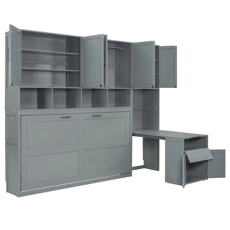 Lit mural escamotable double, armoire intégrée, 2 tiroirs, étagère supérieure, style moderne, blanc / gris, 1 personne