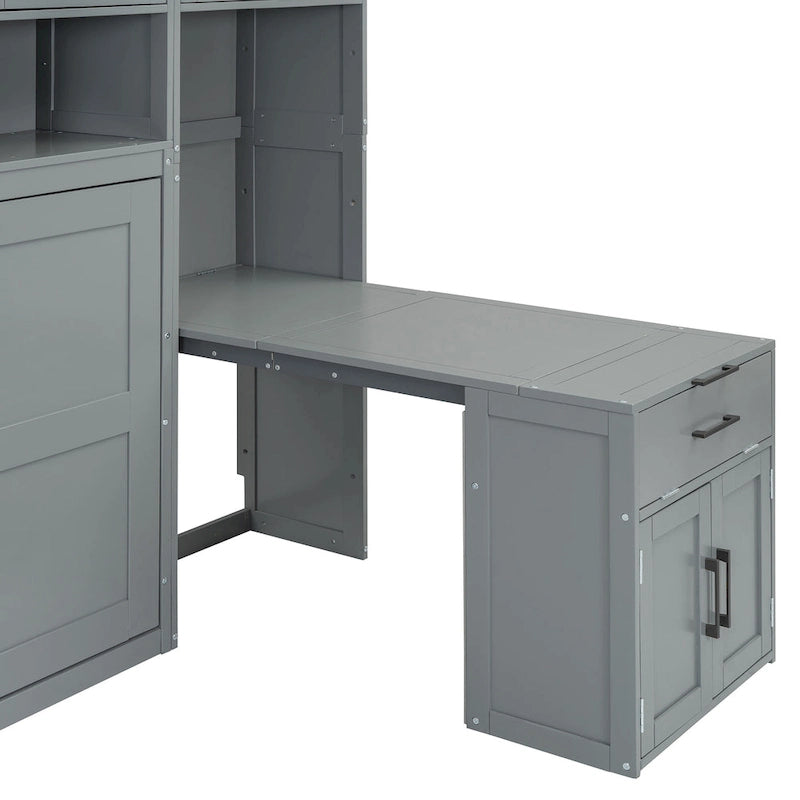 Lit mural escamotable double, armoire intégrée, 2 tiroirs, étagère supérieure, style moderne, blanc / gris, 1 personne