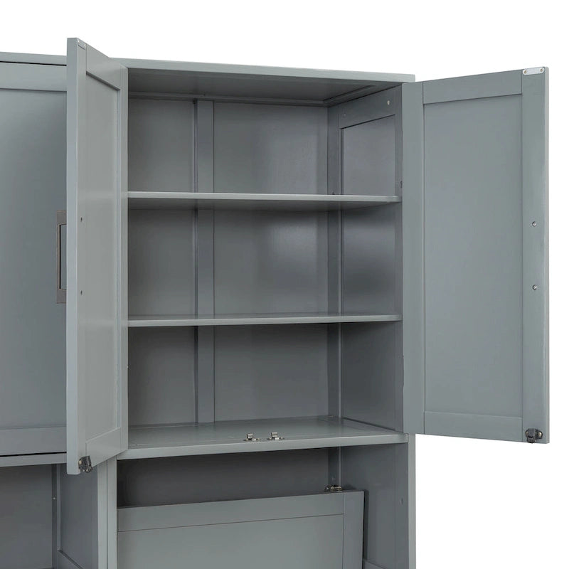 Lit mural escamotable double, armoire intégrée, 2 tiroirs, étagère supérieure, style moderne, blanc / gris, 1 personne