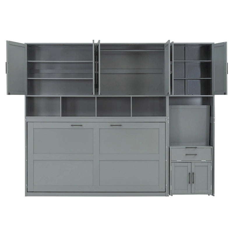 Lit mural escamotable double, armoire intégrée, 2 tiroirs, étagère supérieure, style moderne, blanc / gris, 1 personne