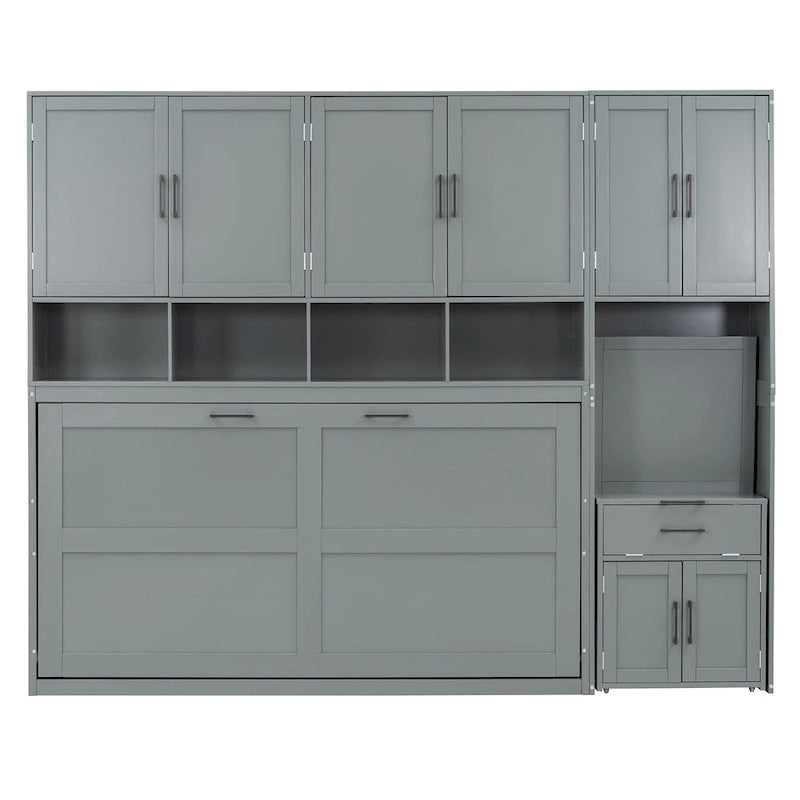 Lit mural escamotable double, armoire intégrée, 2 tiroirs, étagère supérieure, style moderne, blanc / gris, 1 personne