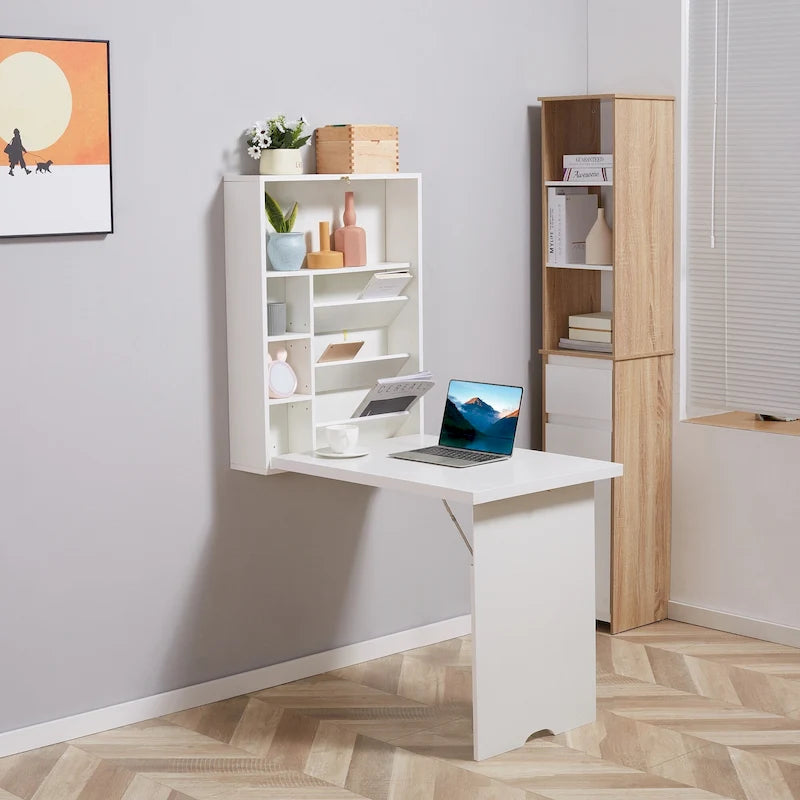 Bureau mural pliable, 2 étagères réglables, multiples compartiments de rangement, style moderne, blanc, 1 unité
