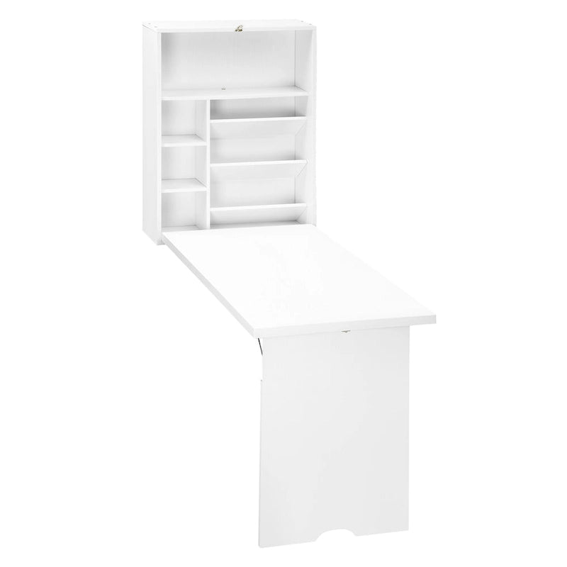 Bureau mural pliable, 2 étagères réglables, multiples compartiments de rangement, style moderne, blanc, 1 unité