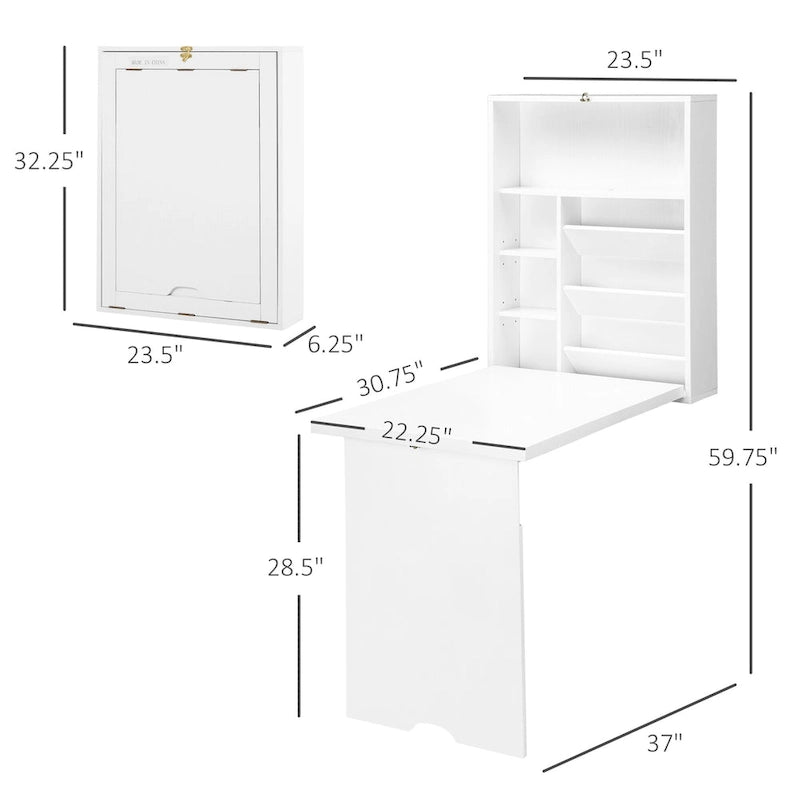 Bureau mural pliable, 2 étagères réglables, multiples compartiments de rangement, style moderne, blanc, 1 unité