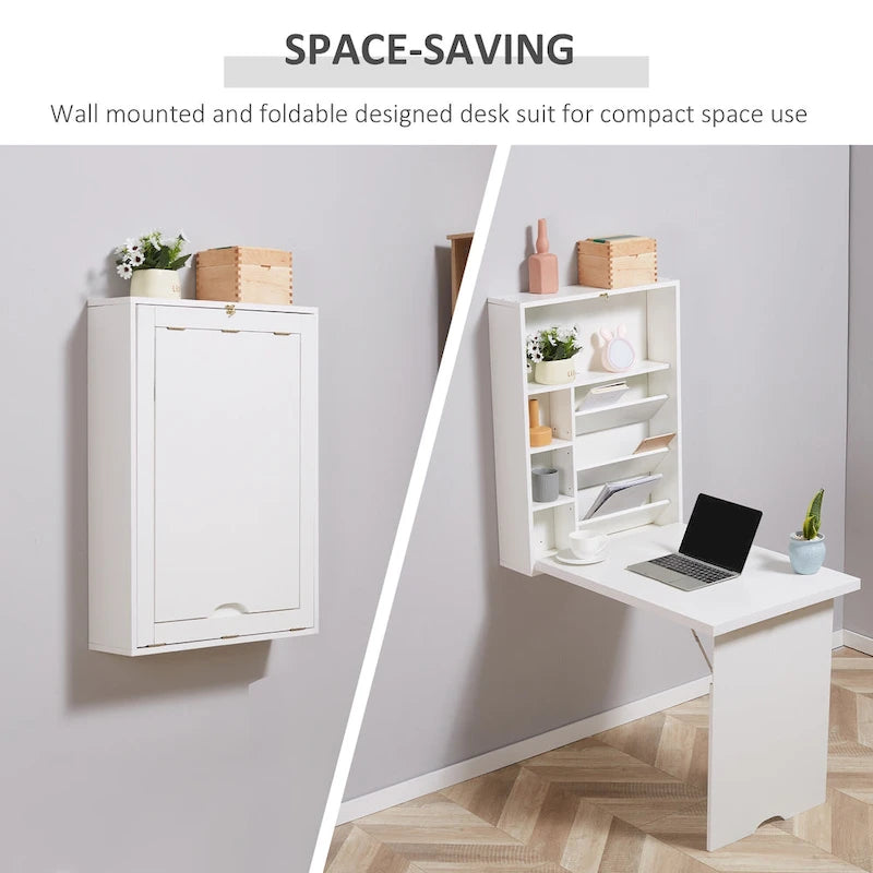 Bureau mural pliable, 2 étagères réglables, multiples compartiments de rangement, style moderne, blanc, 1 unité