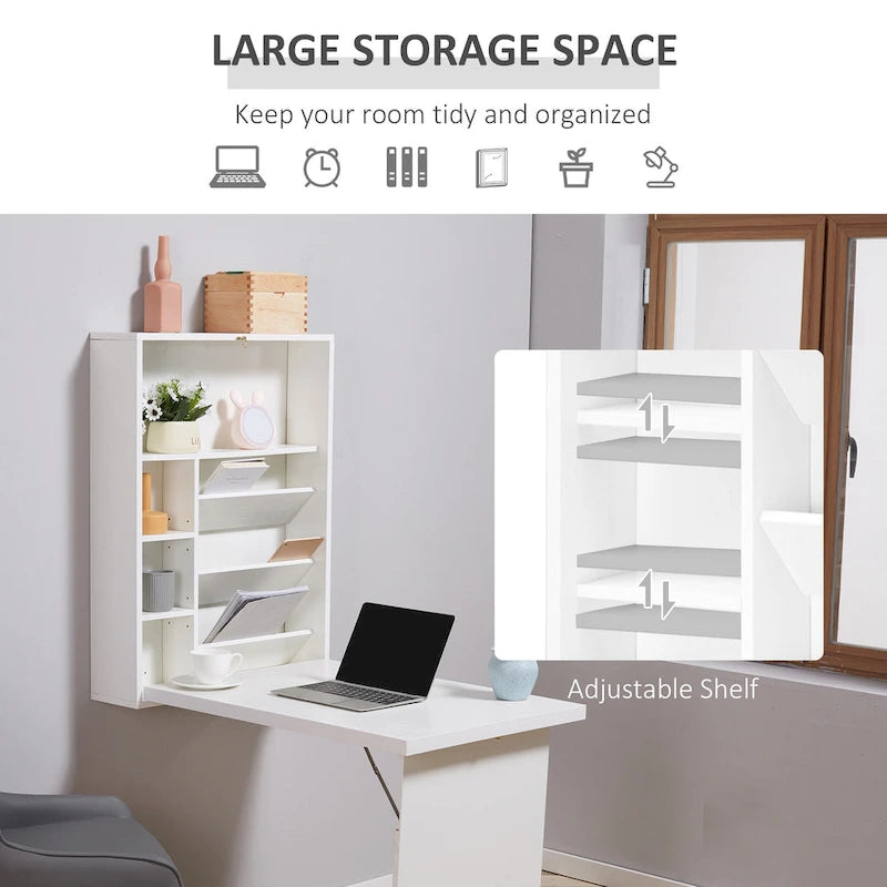 Bureau mural pliable, 2 étagères réglables, multiples compartiments de rangement, style moderne, blanc, 1 unité