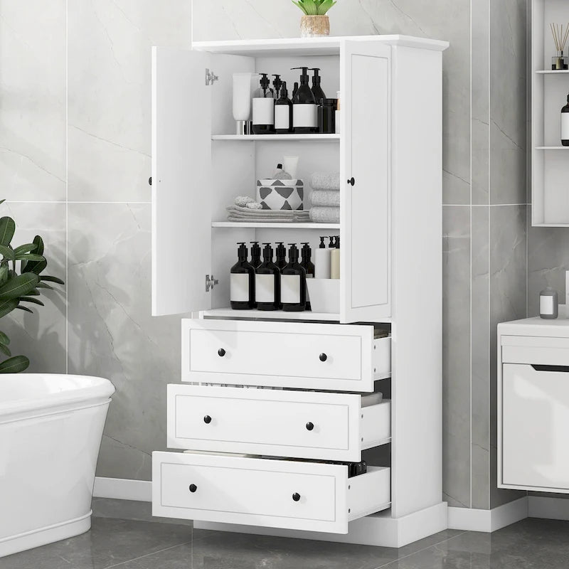 Meuble de Rangement Salle de Bain Colonne, 3 Tiroirs, 2 Portes, Étagères Réglables, Style Moderne, Blanc, 1 Unité
