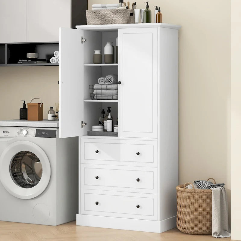 Meuble de Rangement Salle de Bain Colonne, 3 Tiroirs, 2 Portes, Étagères Réglables, Style Moderne, Blanc, 1 Unité