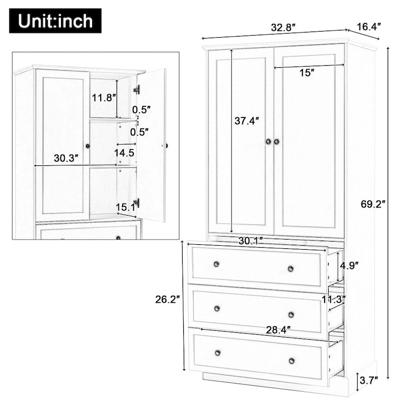 Meuble de Rangement Salle de Bain Colonne, 3 Tiroirs, 2 Portes, Étagères Réglables, Style Moderne, Blanc, 1 Unité