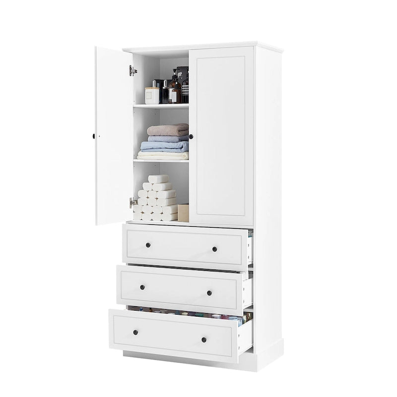 Meuble de Rangement Salle de Bain Colonne, 3 Tiroirs, 2 Portes, Étagères Réglables, Style Moderne, Blanc, 1 Unité